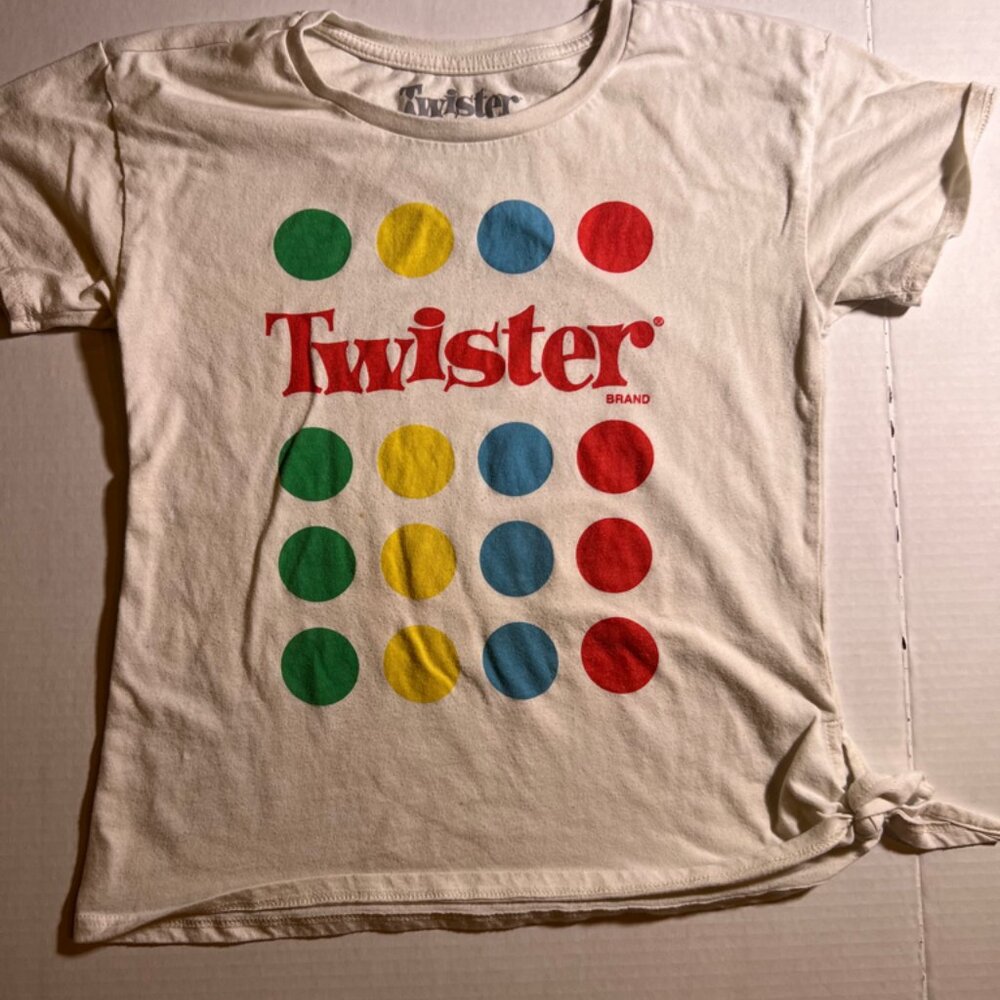 Twister Girls Large 10/12 White Short Sleeve Crewneck Side Tie Family Game Shirt